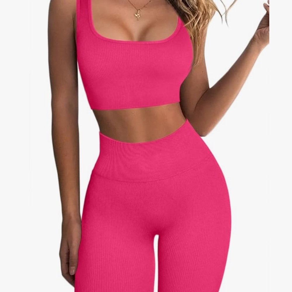 Hot Pink Ribbed Sports Bra and Leggings Set